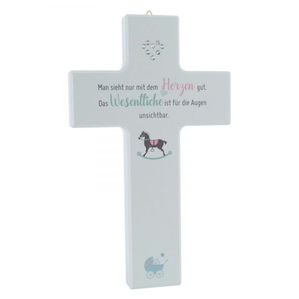 Kinderkreuz aus Holz weiß mit Herz aus Kristallsteinchen