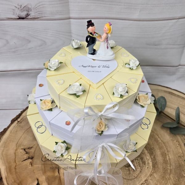 Schachteltorte 3-stöckig mit Perlen - Geldgeschenk Hochzeit CREME-WEISS-CREME