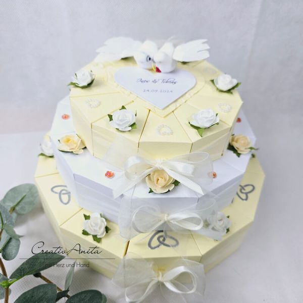 Schachteltorte 3-stöckig mit Perlen - Geldgeschenk Hochzeit CREME-WEISS-CREME