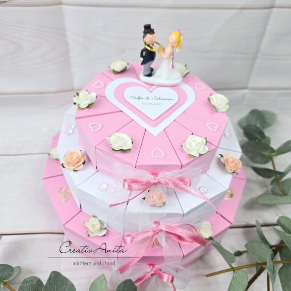 Schachteltorte 3-stöckig mit Perlen - Geldgeschenk Hochzeit ROSA-WEISS-ROSA