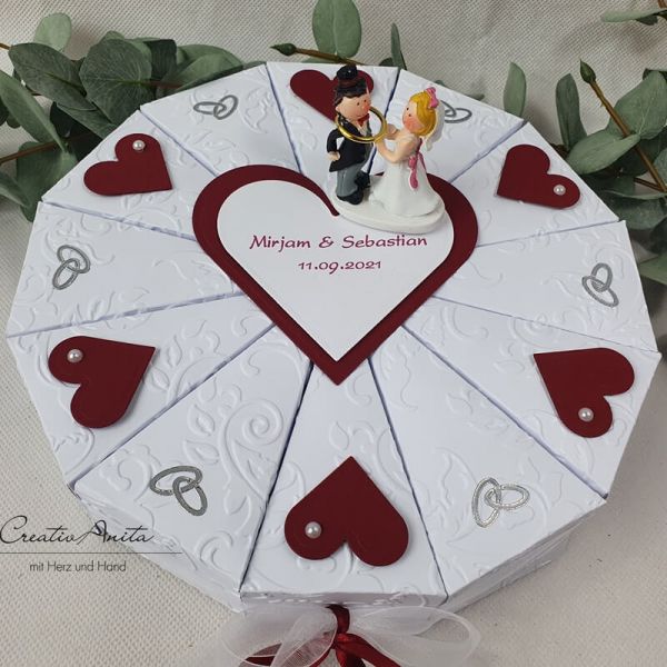 Schachteltorte mit Eheringen - Geldgeschenk - Hochzeitsgeschenk - WEIß-BORDEAUX