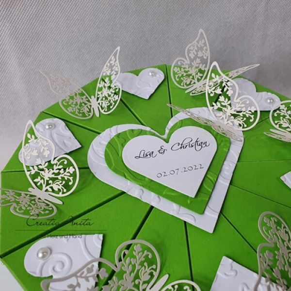 Hochzeitstorte - Geldgeschenk - Schmetterlingen 2-stöckig WEISS-MAIGRÜN Hochzeitstorte - Geldgeschenk - Schmetterlingen 2-stöckig WEISS-MAIGRÜN