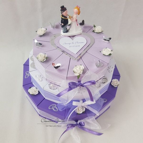 Schachteltorte 3-stöckig mit Schmetterlingen - Geldgeschenk Hochzeit LILA-WEISS-FLIEDER Schachteltorte 3-stöckig mit Schmetterlingen - Geldgeschenk Hochzeit LILA-WEISS-FLIEDER