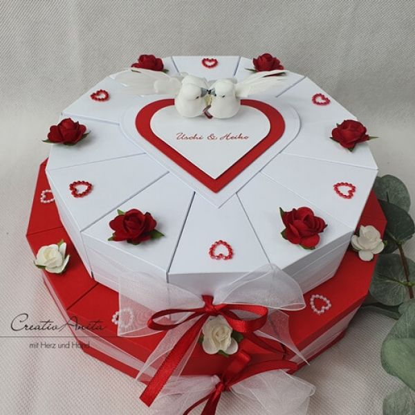 Schachteltorte mit Perlendekor - 2-stöckig - Geldgeschenkverpackung ROT-WEISS Schachteltorte mit Perlendekor - 2-stöckig - Geldgeschenkverpackung ROT-WEISS