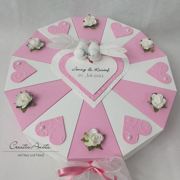Schachteltorte mit Herzen & Röschen - Geldgeschenk Hochzeit ROSA-ALTWEISS