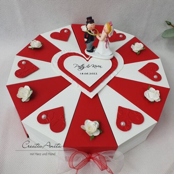Schachteltorte mit Herzen & Röschen - Geldgeschenk Hochzeit ROT-ALTWEISS