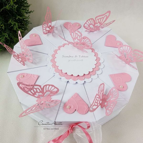 Schachteltorte Schmetterlinge & Herzen - Hochzeit - Geldgeschenk WEISS-ROSA