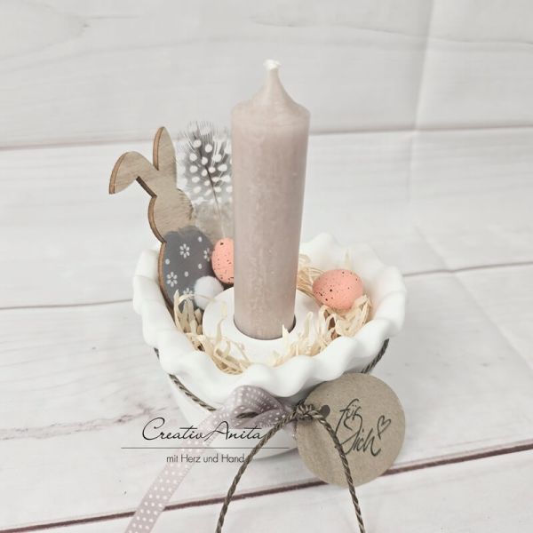 Geschenk zu Ostern - Herzschale mit Kerzenständer und österlich dekoriert