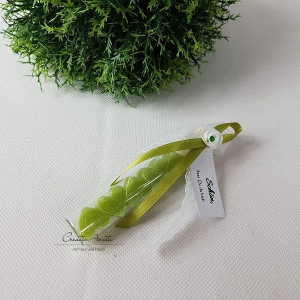 Gastgeschenk im Reagenzglas befüllt mit 5 Seifenherzen LEMONGRAS