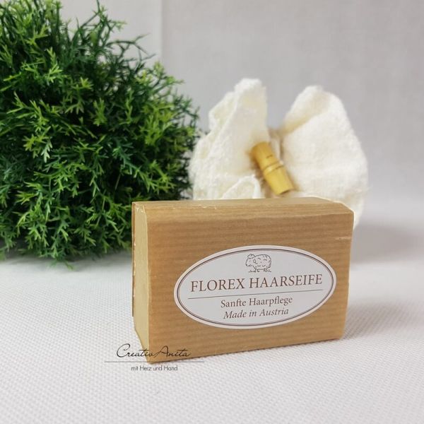 Kaltgerührte Handgeschöpfte Haarseife, 100g, mit Banderole aus braunem Papier - palmölfrei