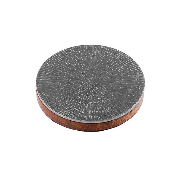 Kerzenteller - silberfarbene Sternstruktur mit Holz - 13 cm