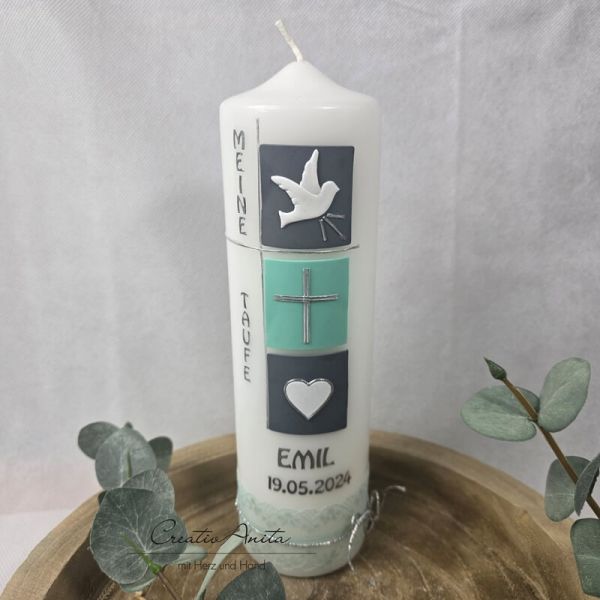 Taufkerze -Quadrate- mint und grau mit christlichen Motiven