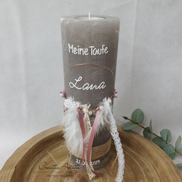 Taufkerze Rustikkerze -Boho-Stil- mit Teelicht Roségold, Altrosa  mit Pampasgras