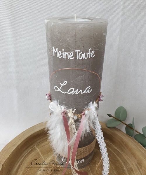 Taufkerze Rustikkerze -Boho-Stil- mit Teelicht Roségold, Altrosa  mit Pampasgras