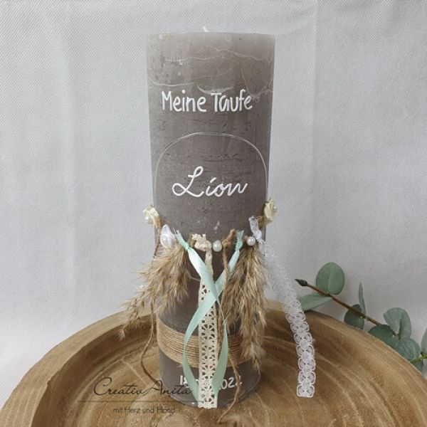 Taufkerze Rustikkerze -Boho-Stil- mit Teelicht Silber, Mint mit Pampasgras
