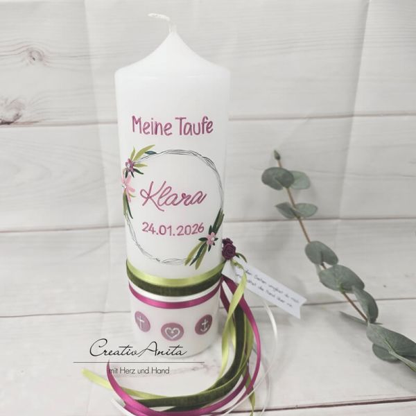 Taufkerze glatt Mädchen Blumenkreis weiß-beere perlmutt