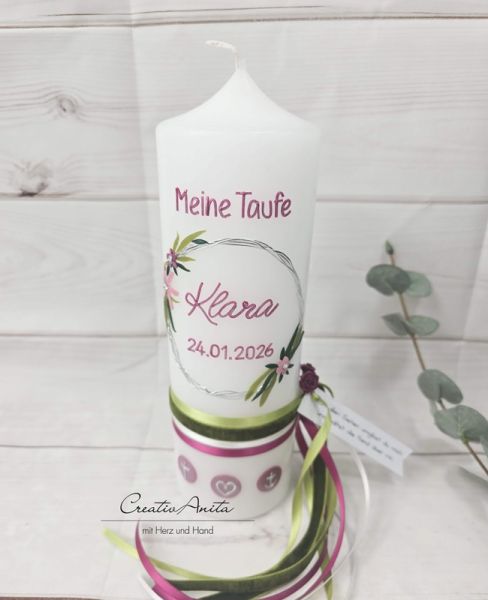 Taufkerze glatt Mädchen Blumenkreis weiß-beere perlmutt