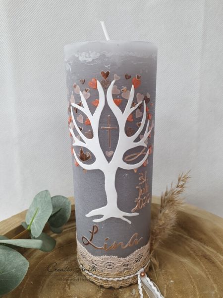 Taufkerze Rustikkerze mit Lebensbaum - Herzen in Roségold-Apricot
