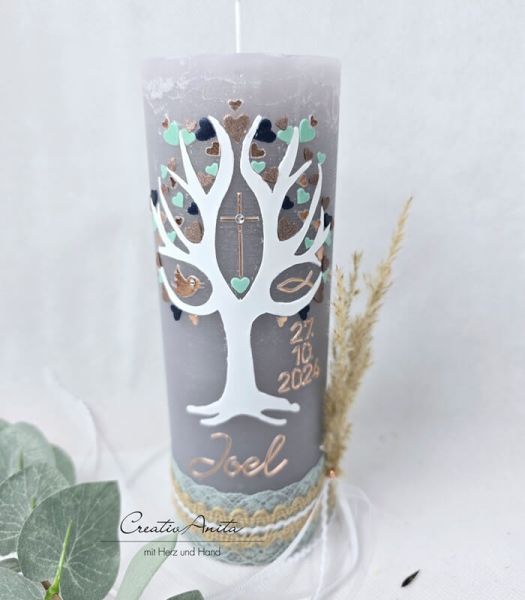 Taufkerze Rustikkerze mit Lebensbaum - Herzen in Roségold-Mint