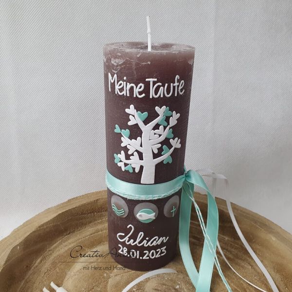 Taufkerze Rustikkerze mit Lebensbaum weiß-mint -personalisiert-