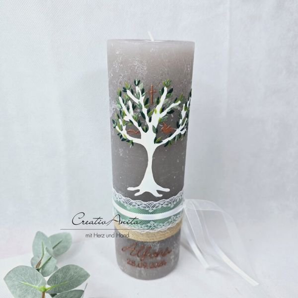 Taufkerze Rustikkerze mit Lebensbaum und christlichen Symbolen Schlamm-Grün-Kupfer mit/ohne Teelichteinsatz