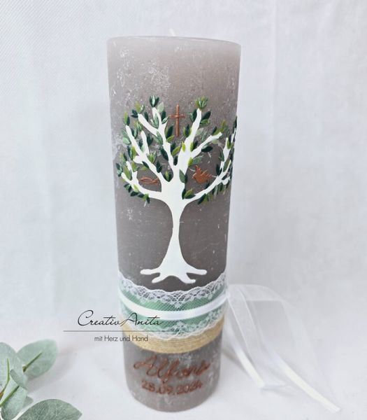 Taufkerze Rustikkerze mit Lebensbaum und christlichen Symbolen Schlamm-Grün-Kupfer mit/ohne Teelichteinsatz