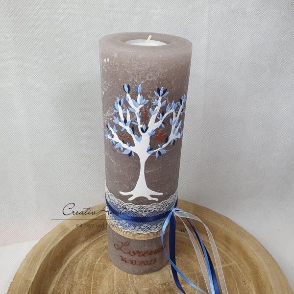 Taufkerze Rustikkerze mit Lebensbaum und christlichen Symbolen Schlamm-Blau-Kupfer