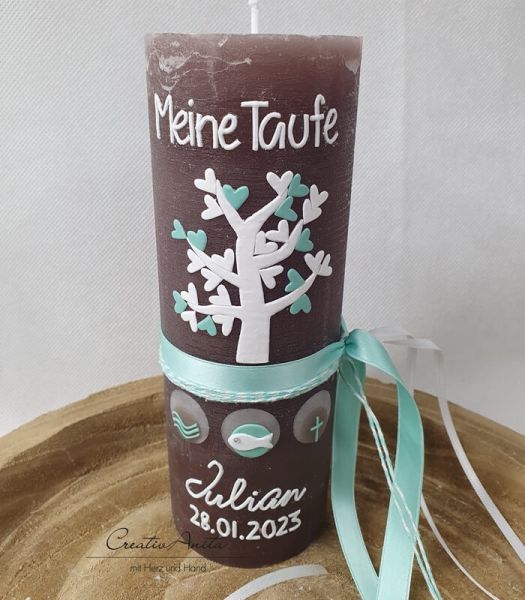 Taufkerze Rustikkerze mit Lebensbaum weiß-mint -personalisiert-