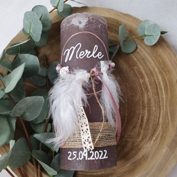 Taufkerze Rustikkerze -Boho-Stil- Mädchen romantisch