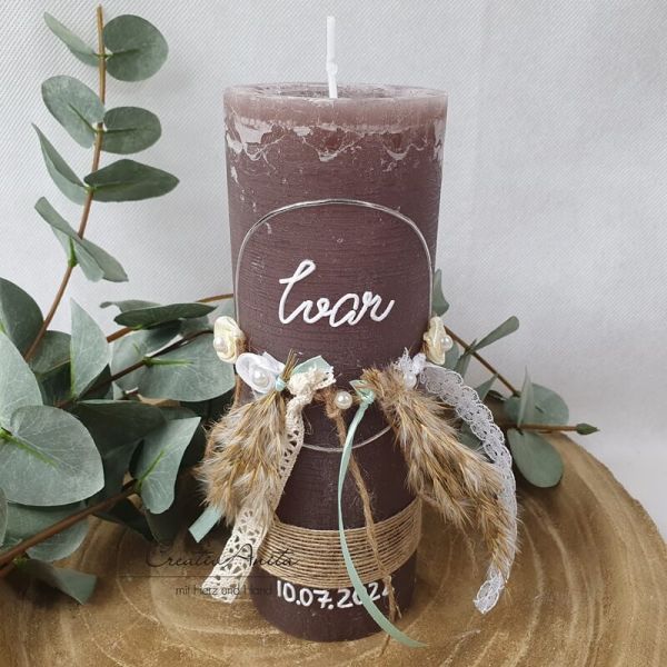 Taufkerze Rustikkerze -Boho-Stil- Junge Silber-Mint mit Pampasgras
