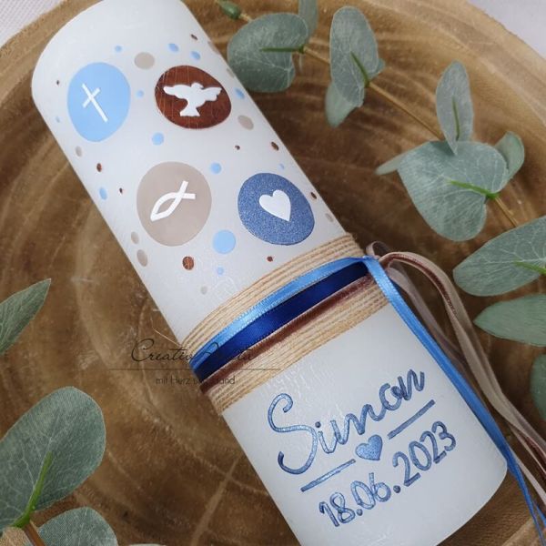 Taufkerze Rustikkerze Weiß verziert mit Kreisen und christlichen Symbolen