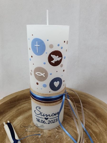 Taufkerze Rustikkerze Weiß verziert mit Kreisen und christlichen Symbolen