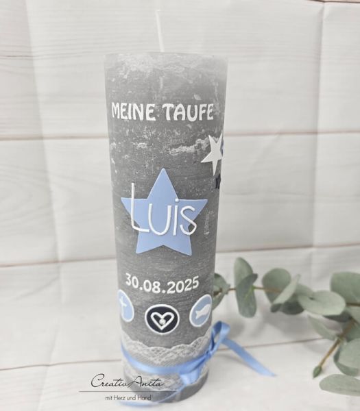 Taufkerze Rustik- Sterne grau-hellblau-weiß