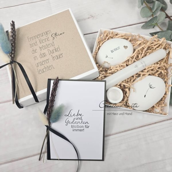 Trauerset - Trauerbox mit Karte, Erinnerungssteine, Kerzenständer und Erinnerungskerze mit Spruch und Blumen dekoriert