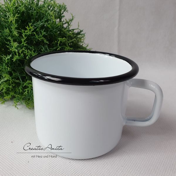 Trinkbecher - Tasse aus Email in Weiß mit schwarzem Rand
