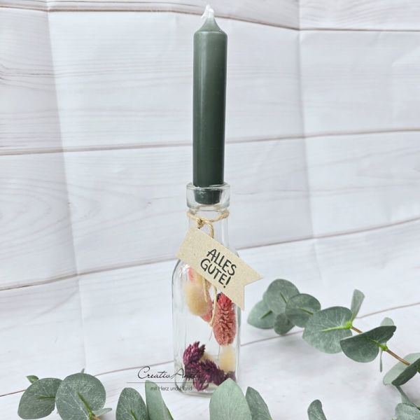 Kerzenständer - Glasflasche befüllt mit Trockenblumen - Alles Gute