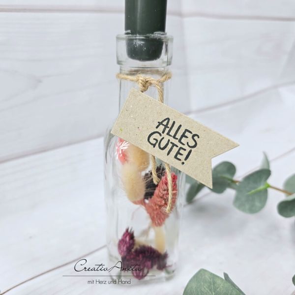Kerzenständer - Glasflasche befüllt mit Trockenblumen - Alles Gute