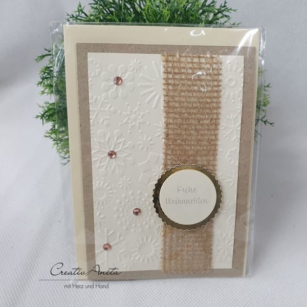 Weihnachtskarte - Grußkarte - Geschenkkarte "Schneeflocken" Gold-Jute-Creme