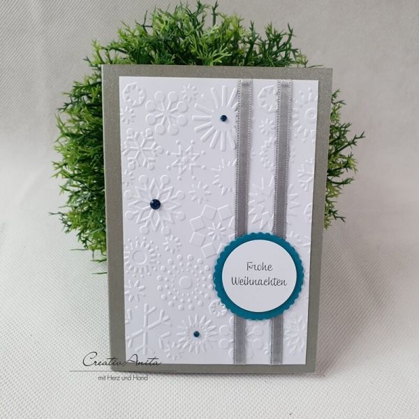 Weihnachtskarte - Grußkarte zu Weihnachten - Schneeflocke - Silber-Weiß-Petrol