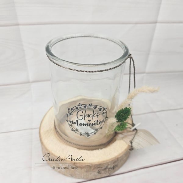 Windlicht Kerzenhalter Tischdekoration Kerzenglas -Glücksmomente- mit Holzscheibe - dekoriert