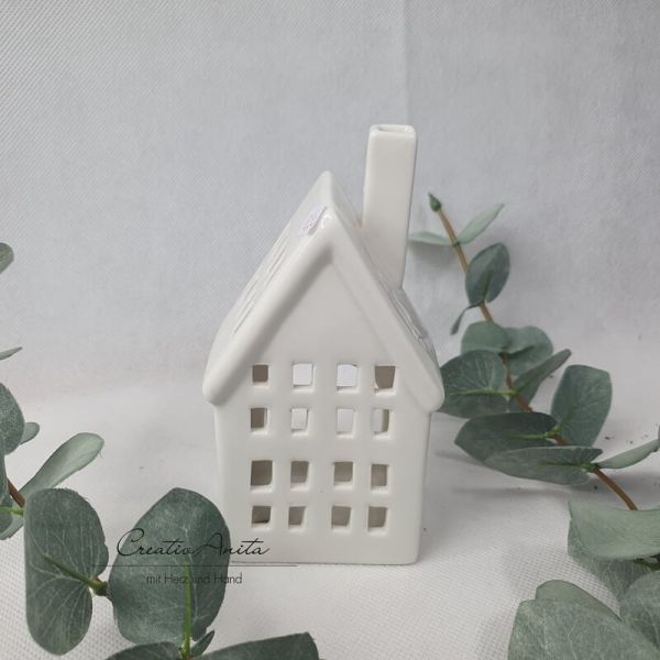 Windlicht Haus aus Porzellan, weiß - klein