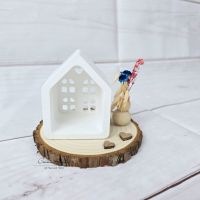 Lichthaus -Herz- dekoriert auf Holzscheibe -BLAU-