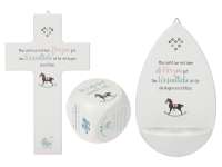 Set Schaukelpferd - 3-teilig Kinderkreuz - Weihwasserkessel - Gebetswürfel - Weiß