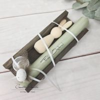Geschenkkerze mit Holz-Osterhase & Kerzenständer -Frohe Ostern- Dekoriert mit kleinem Osterei in Holzverpackung -GRÜN-