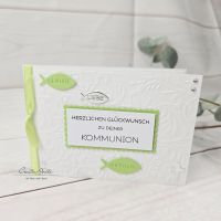 Glückwunschkarte zur Kommunion in maigrün-silber Glaube-Liebe-Hoffnung
