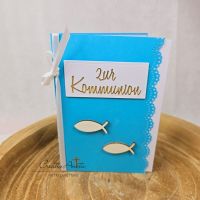 Glückwunschkarte hellblau-weiß Holzfisch zur Kommunion