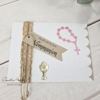 Glückwunschkarte zur Kommunion mit Rosenkranz -Natur-Altrosa-Gold-