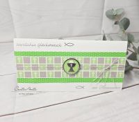 Glückwunschkarte zur Kommunion in maigrün-taupe mit Kelch