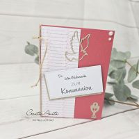 Glückwunschkarte zur Kommunion mit Taube und Kelch in Korallefarben