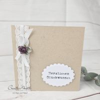 Glückwunschkarte im Vintagestil - NATUR mit brombeerfarbenem Papierröschen